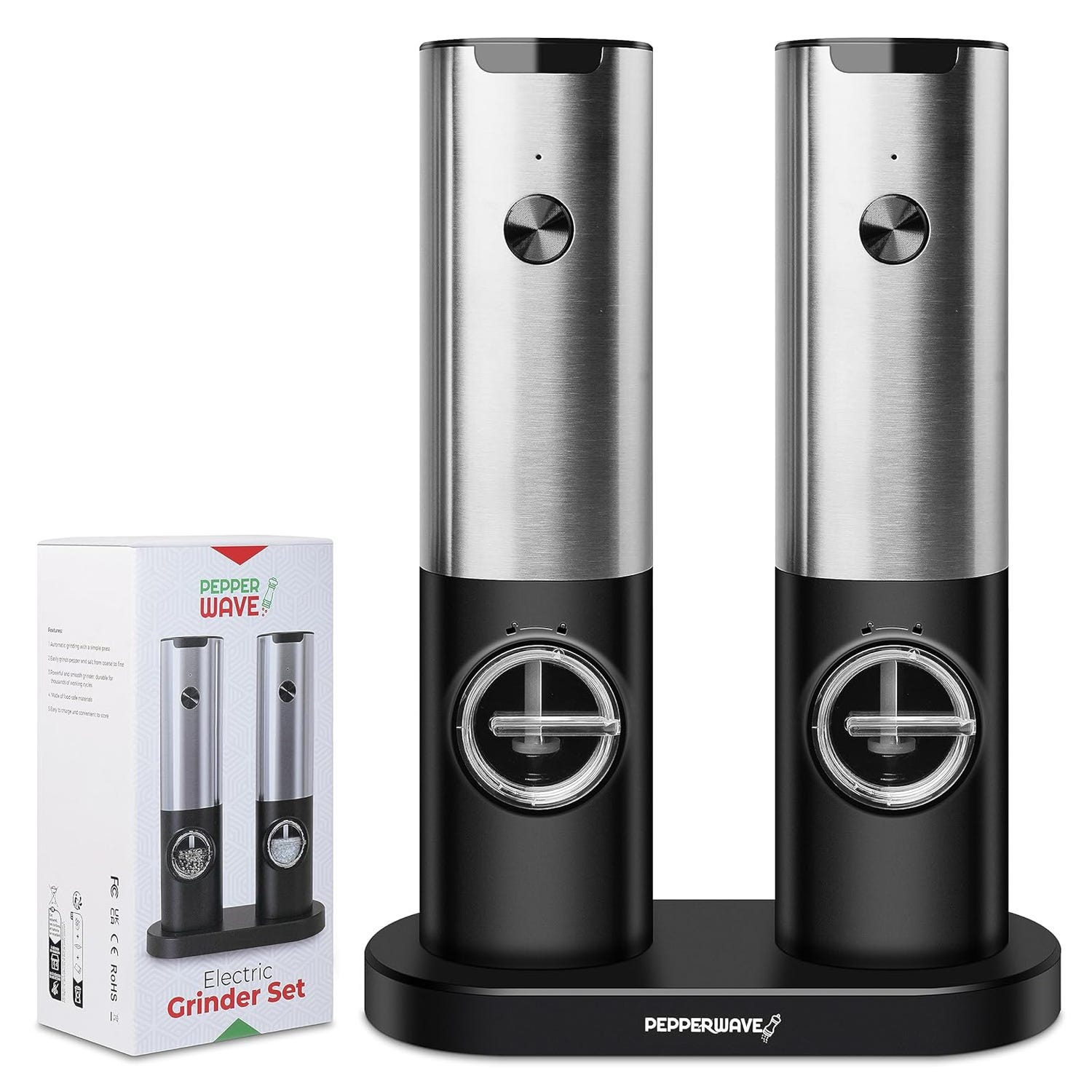 Electric grinder set with two stainless steel and black cylindrical grinders on a base. Packaging shows the \“PepperWave\“ brand and describes the set as a \“Electric Grinder Set.\“