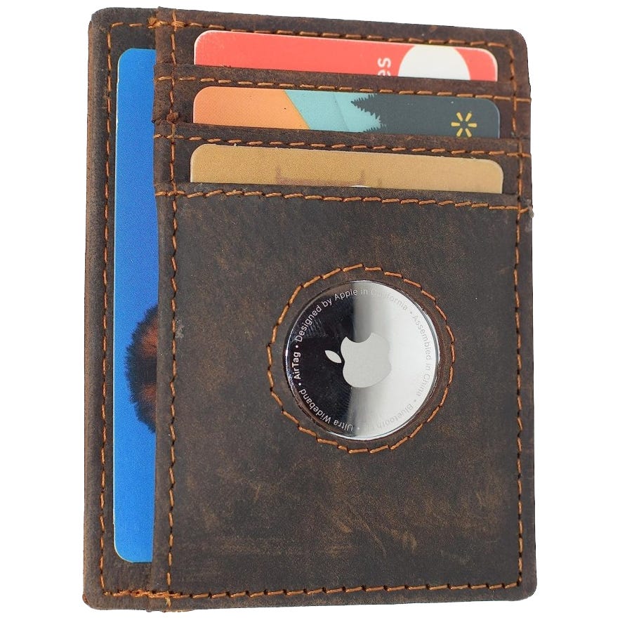 Leather card wallet with multiple slots and integrated AirTag holder for tracking.