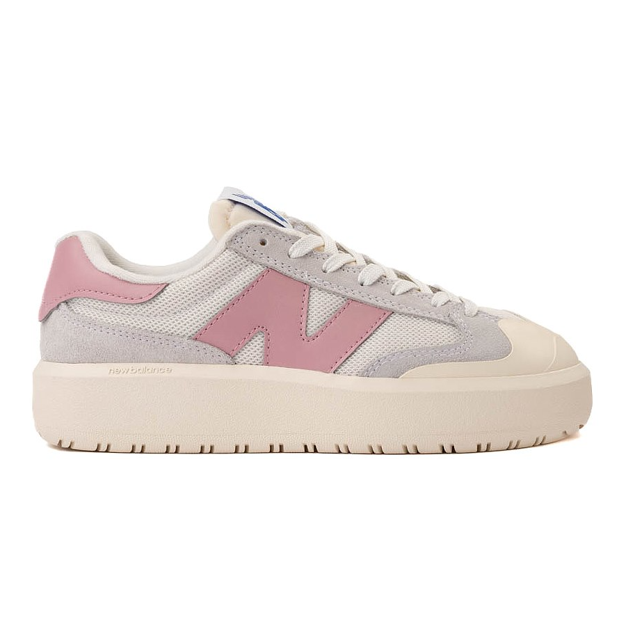 New Balance CT302 Retro Shoes feature a white mesh base with pink and grey suede overlays, a chunky cream sole, and the signature \“N\“ logo in pink on the side.