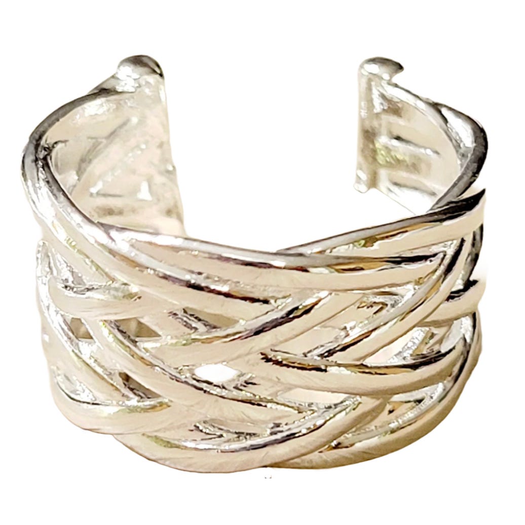 A silver ring with a braided design, featuring overlapping strands that create a woven pattern, and it has an open band indicating adjustability.