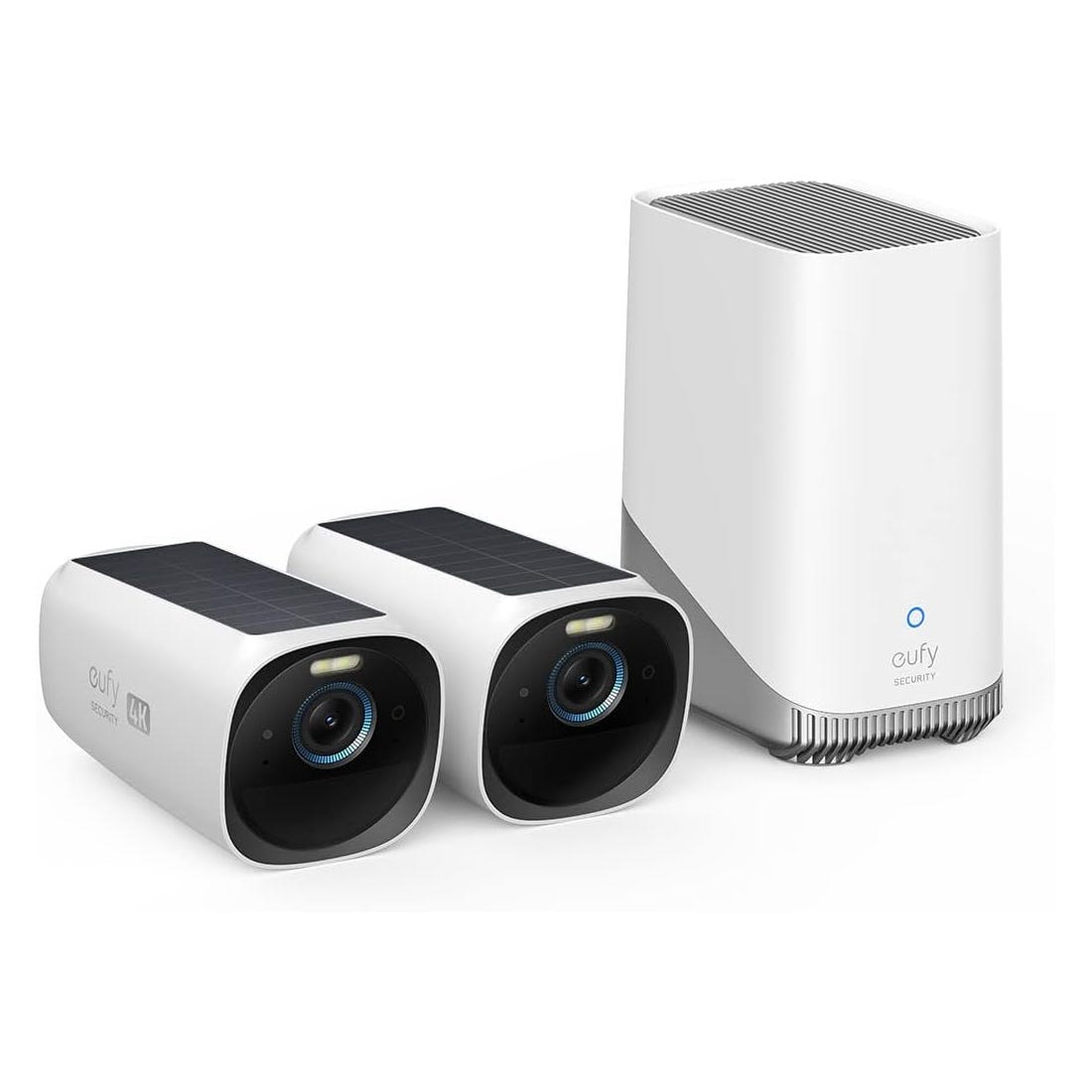 Eufy Solar Camera Kit includes two white, solar-powered 4K security cameras and a central hub.
