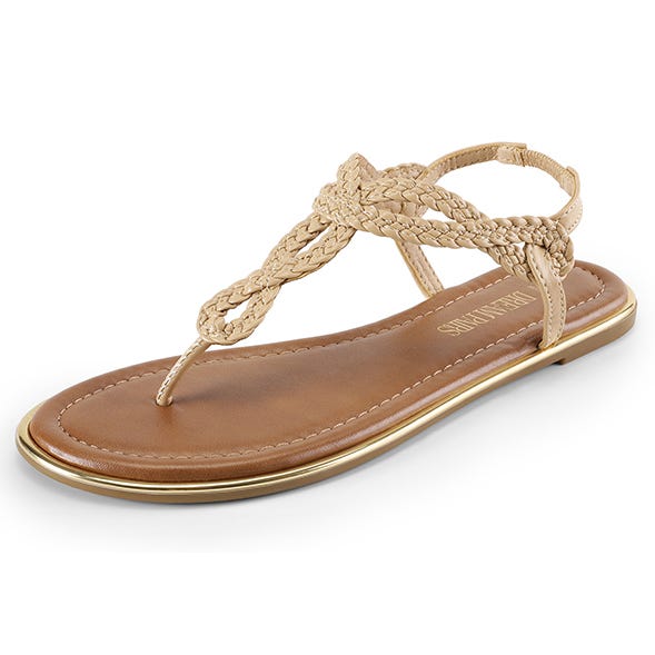 Beige braided thong sandal with a brown footbed and flat sole, featuring gold trim detailing.