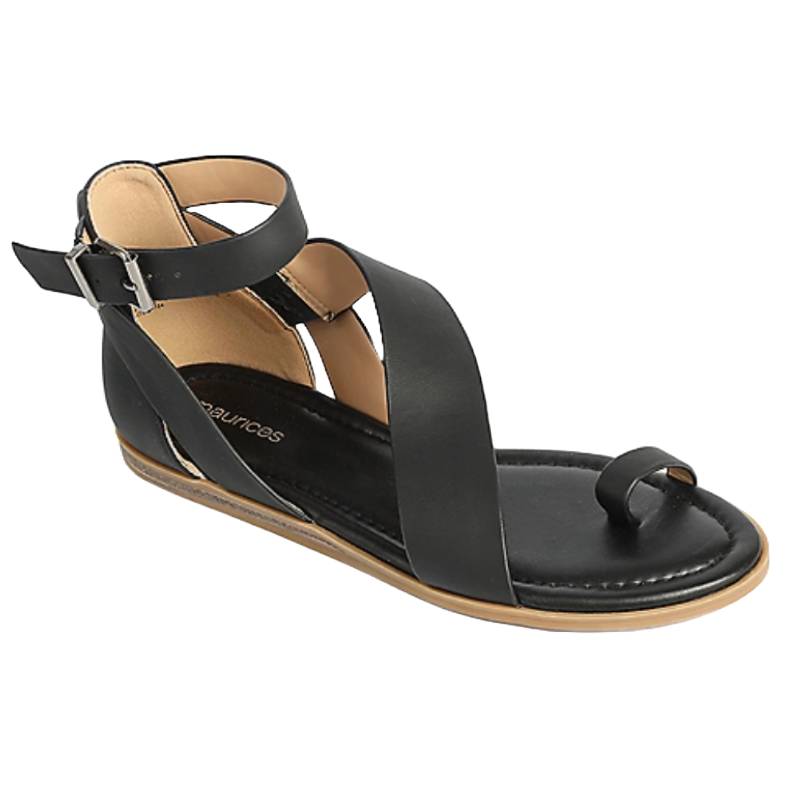 Black gladiator sandals featuring a criss-cross strap design with an ankle buckle closure and a toe loop, set on a flat sole with a leather-like finish.