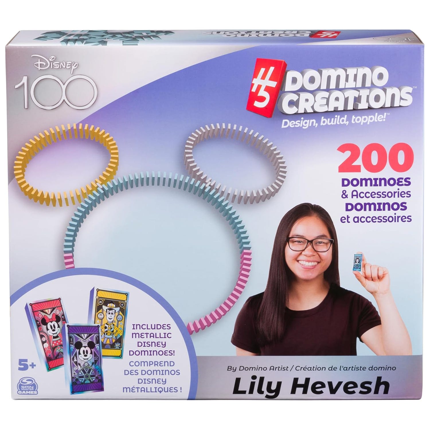 Domino Creations by Lily Hevesh, featuring Disney-themed designs, includes 200 dominoes and accessories with metallic Disney pieces. Suitable for ages 5 and up.