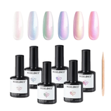 Set of six Modelones gel nail polish bottles in various iridescent colors, accompanied by a wooden cuticle stick, showcasing polished nail tips in shimmering pastel shades.