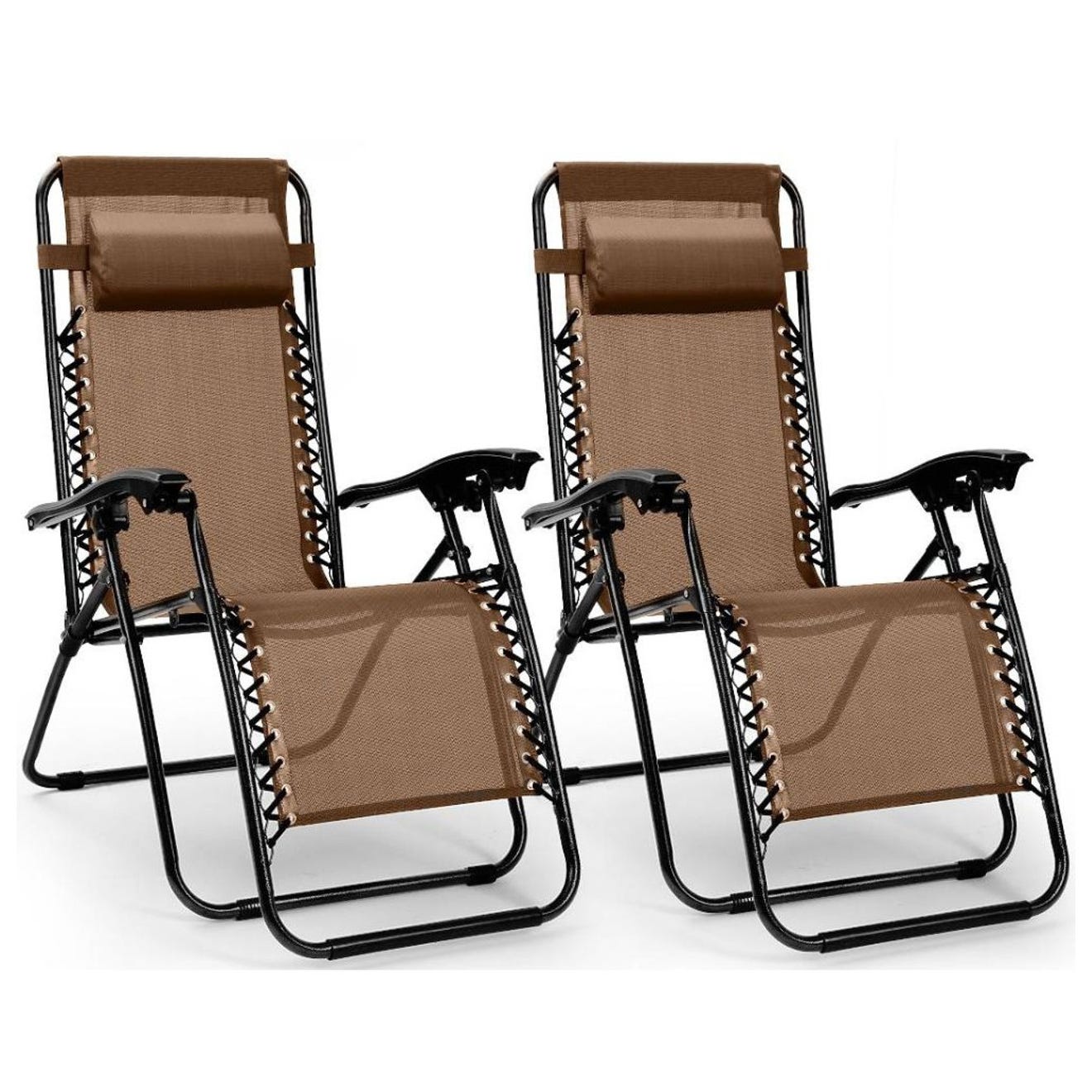 Two brown zero-gravity recliner chairs with black frames and armrests.