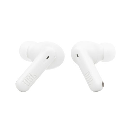 JBL Vibe Beam 2 Earbuds are white, in-ear wireless earbuds with a sleek design, featuring a short stem and silicone ear tips for comfortable fit and noise isolation.