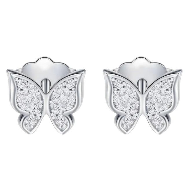 A pair of silver and diamond butterfly earrings with a delicate and sparkling design.
