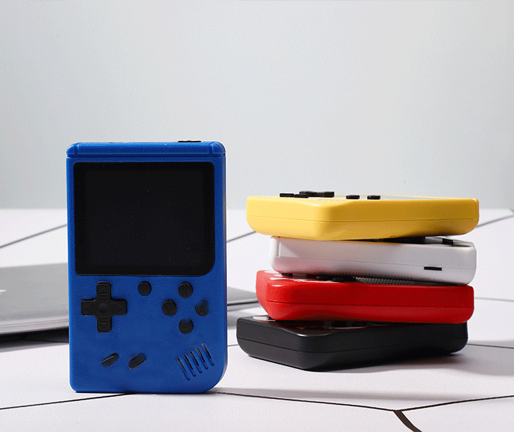 A stack of colorful handheld gaming consoles.