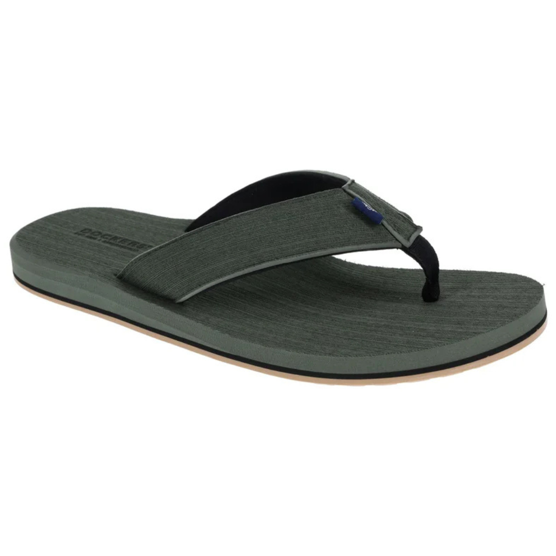Dockers Men's Sandals are dark green flip-flops featuring wide straps and a textured footbed, designed for casual wear.
