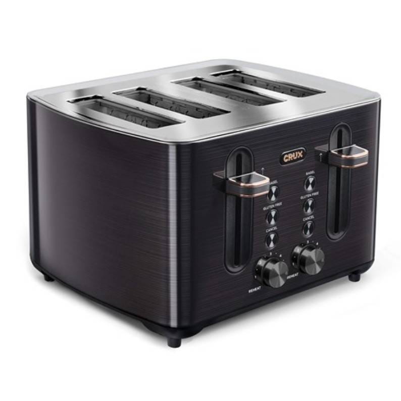 A CRUX four-slice toaster with a dark brushed metal finish features controls for bagels, gluten-free toasting, and a cancel function, along with adjustable browning dials.