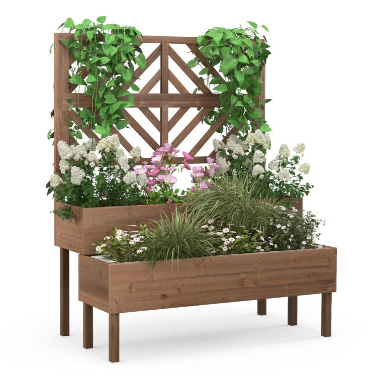 A wooden 2-tier raised garden bed featuring a trellis with climbing plants at the back and flowers in the beds. The raised design allows for better drainage and easy access, ideal for small gardening spaces.