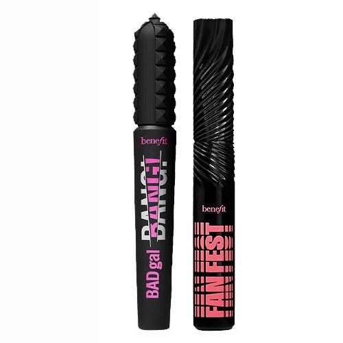 Two black tubes of mascara from the Benefit brand.