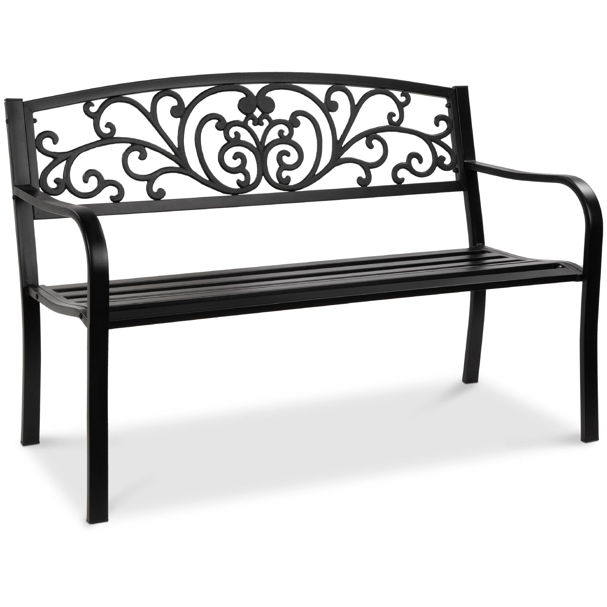 Outdoor steel bench with decorative curved backrest and horizontal seat slats, finished in black.