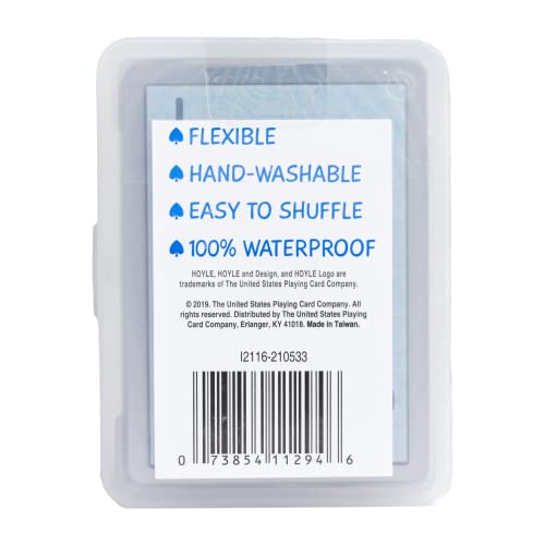 A clear plastic case contains waterproof playing cards, highlighting features like flexibility, hand-washability, and ease of shuffling.