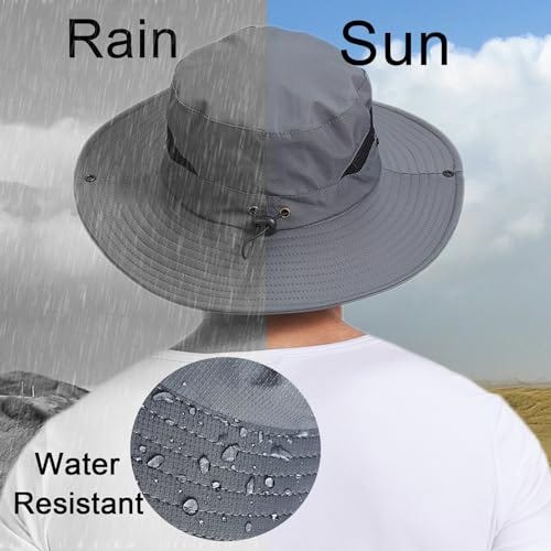 Gray wide-brim sun hat showcased as water-resistant and offering UPF 50 protection, suitable for both sunny and rainy conditions.