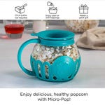 A glass microwave popcorn popper with a blue silicone lid and handles is filled with popped popcorn, suggesting a healthy snack option without the need for oil or butter.