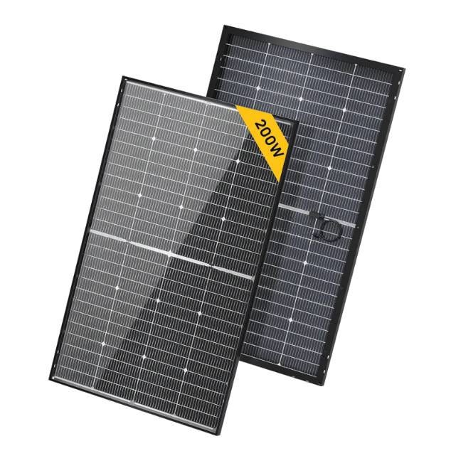 Bouge RV solar panel features a 200W power capacity and a sleek black frame. It is designed for efficient energy capture with a grid pattern of photovoltaic cells.