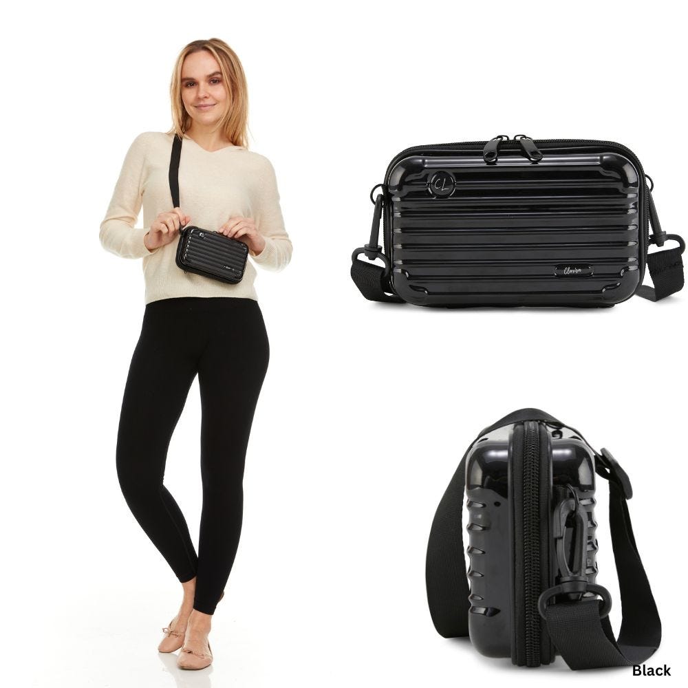 A woman poses with a small black crossbody bag, alongside images of a black hard-sided camera bag with strap.
