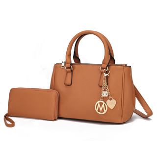 A brown handbag with a matching wallet, both with gold-colored charms.