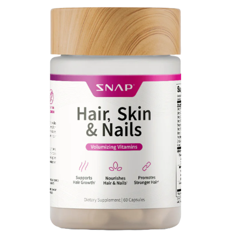 SNAP Hair, Skin & Nails supplement contains volumizing vitamins in 60 capsules, supporting hair growth, nourishing hair and nails, and promoting stronger hair.