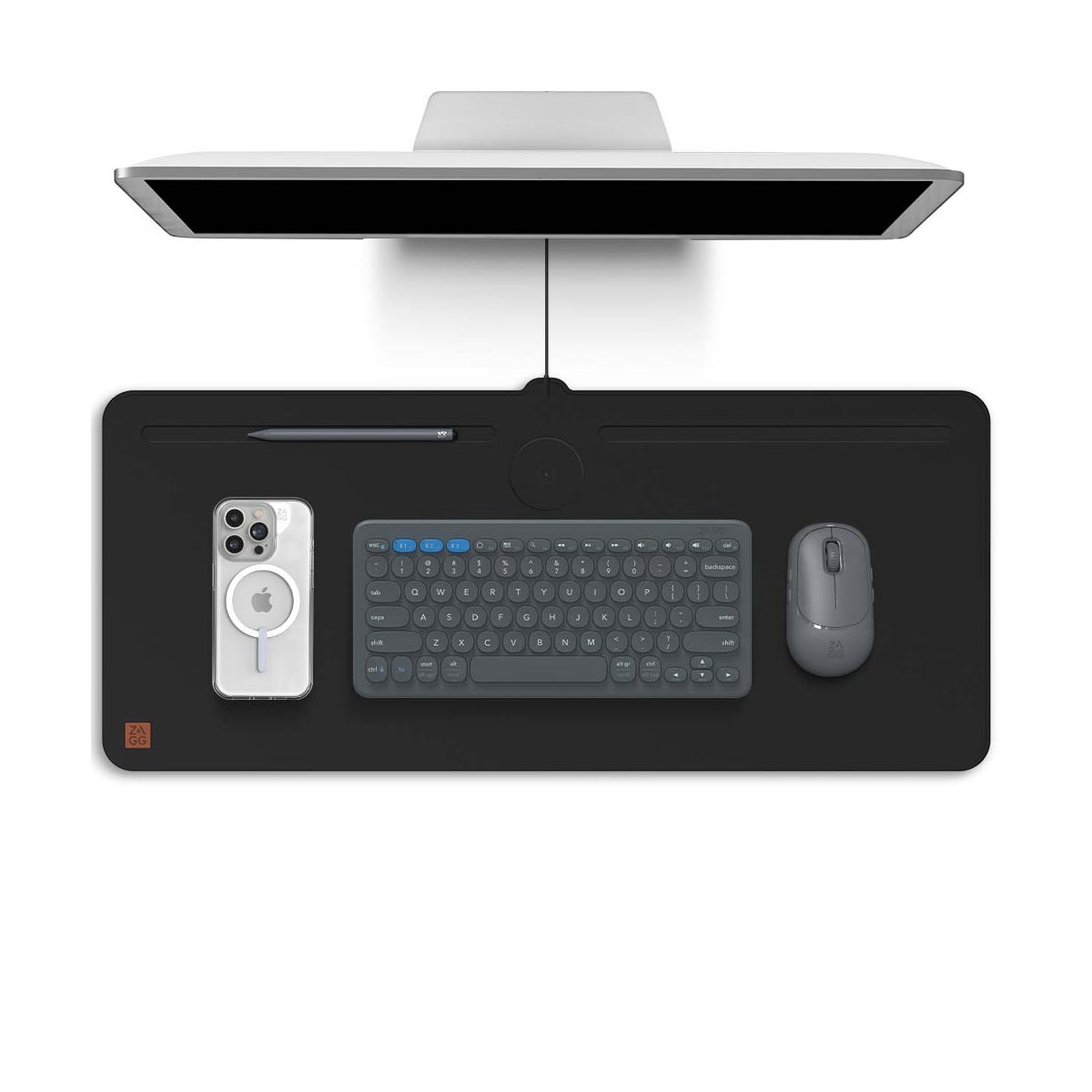 A computer monitor, smartphone, keyboard, and mouse on a desk mat.