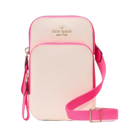 Kate Spade Phone Crossbody in pink and cream, featuring a main zippered compartment, a smaller front zip pocket, and an adjustable pink strap for wearing over the shoulder or crossbody.