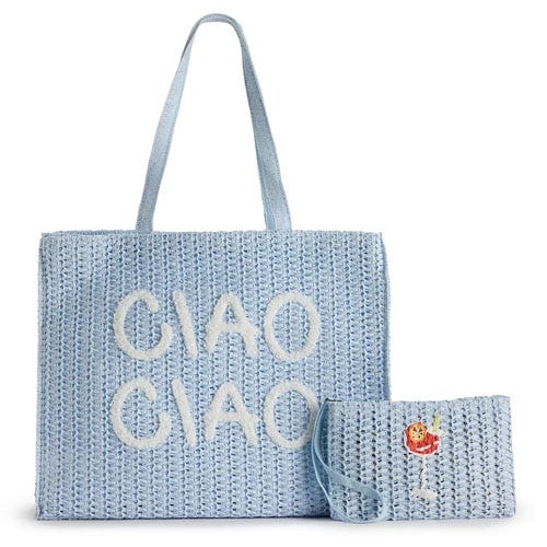Light blue woven tote bag with \“CIAO CIAO\“ in white letters and a matching small pouch featuring a smiley face.