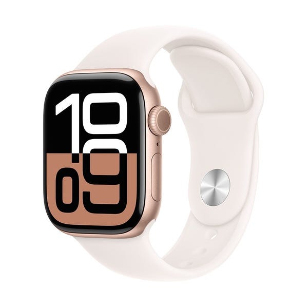 A rose gold Apple Watch with a rectangular touch screen featuring large, bold digital numbers in white and brown. The watch has a white sport band and a side button with a crown.