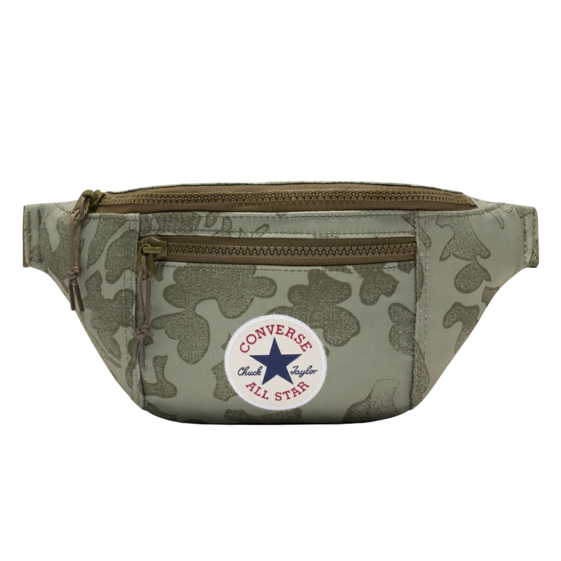 Converse All Star camo-patterned waist bag with dual zippered compartments and a circular brand logo patch.