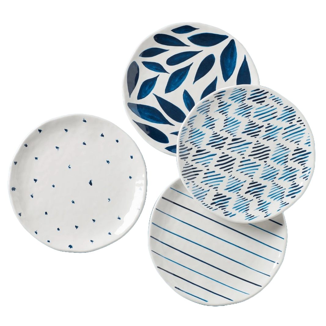 Four ceramic plates with blue and white designs: one with small dots, one with leaf patterns, one with diagonal lines, and one with wavy horizontal lines.