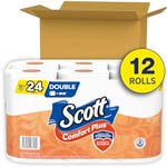 Scott ComfortPlus Toilet Paper, 12 double rolls, with packaging featuring the brand logo and a claim of being tested for strength and comfort.
