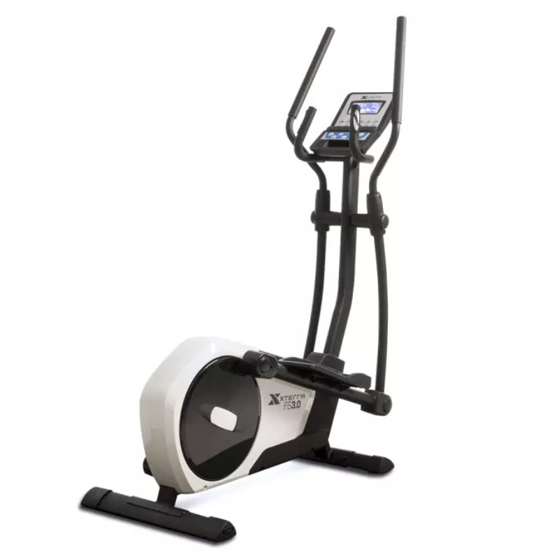 Xterra Elliptical FS3.0 is a black and white fitness machine with handles, pedals, and a digital display for workouts.