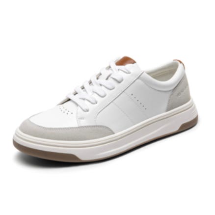 A white and gray sneaker with a thick sole, brown accent on the tongue, and perforated design details.