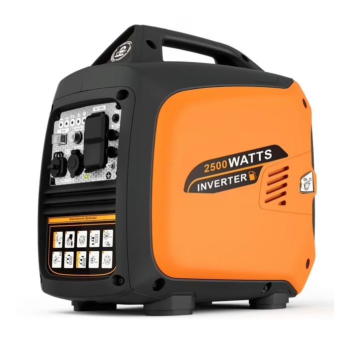 Orange and black 2,500-watt inverter gas generator with control panel, ergonomic handle, and ventilation. Compact design suitable for portable power needs.