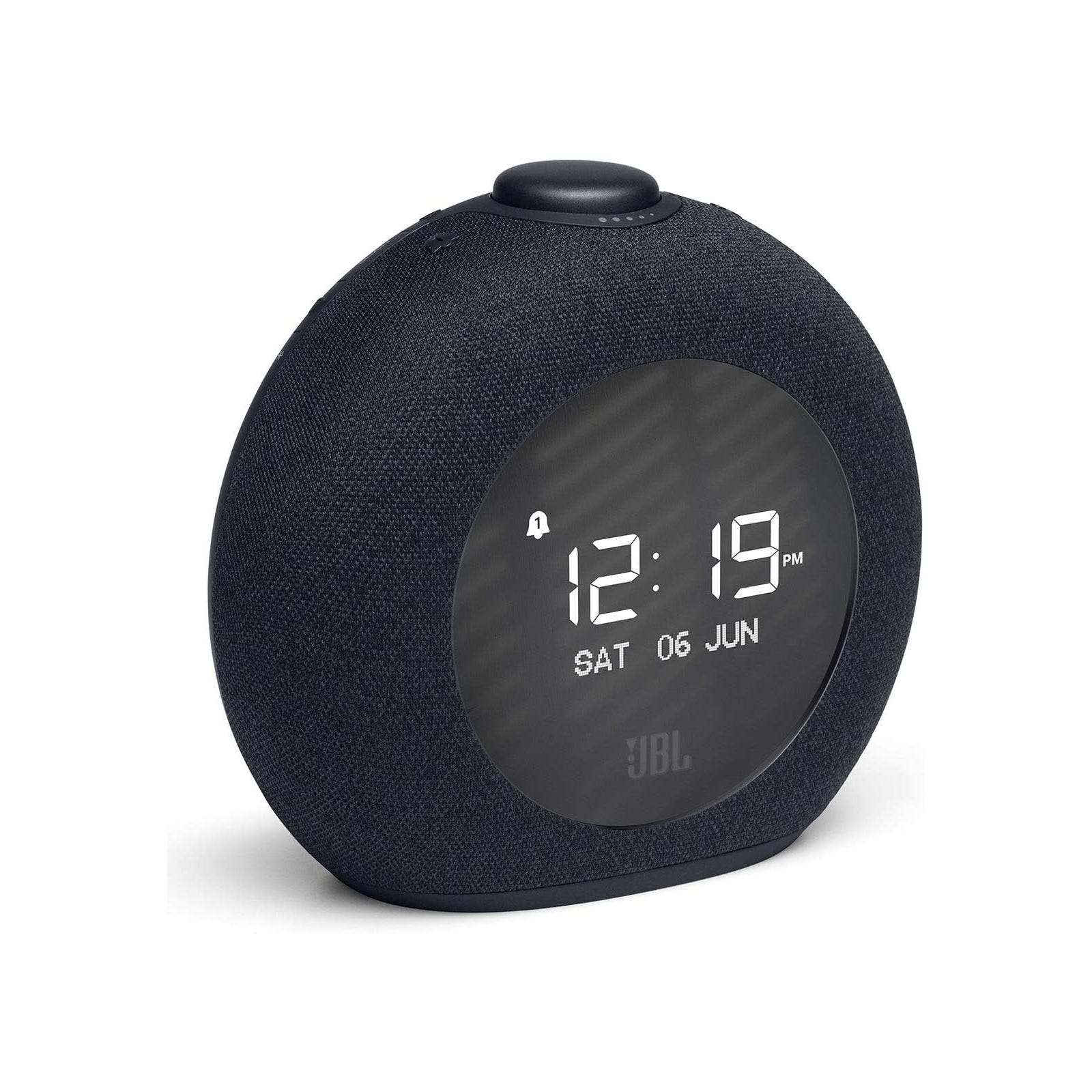 A black spherical smart speaker with a digital clock display.
