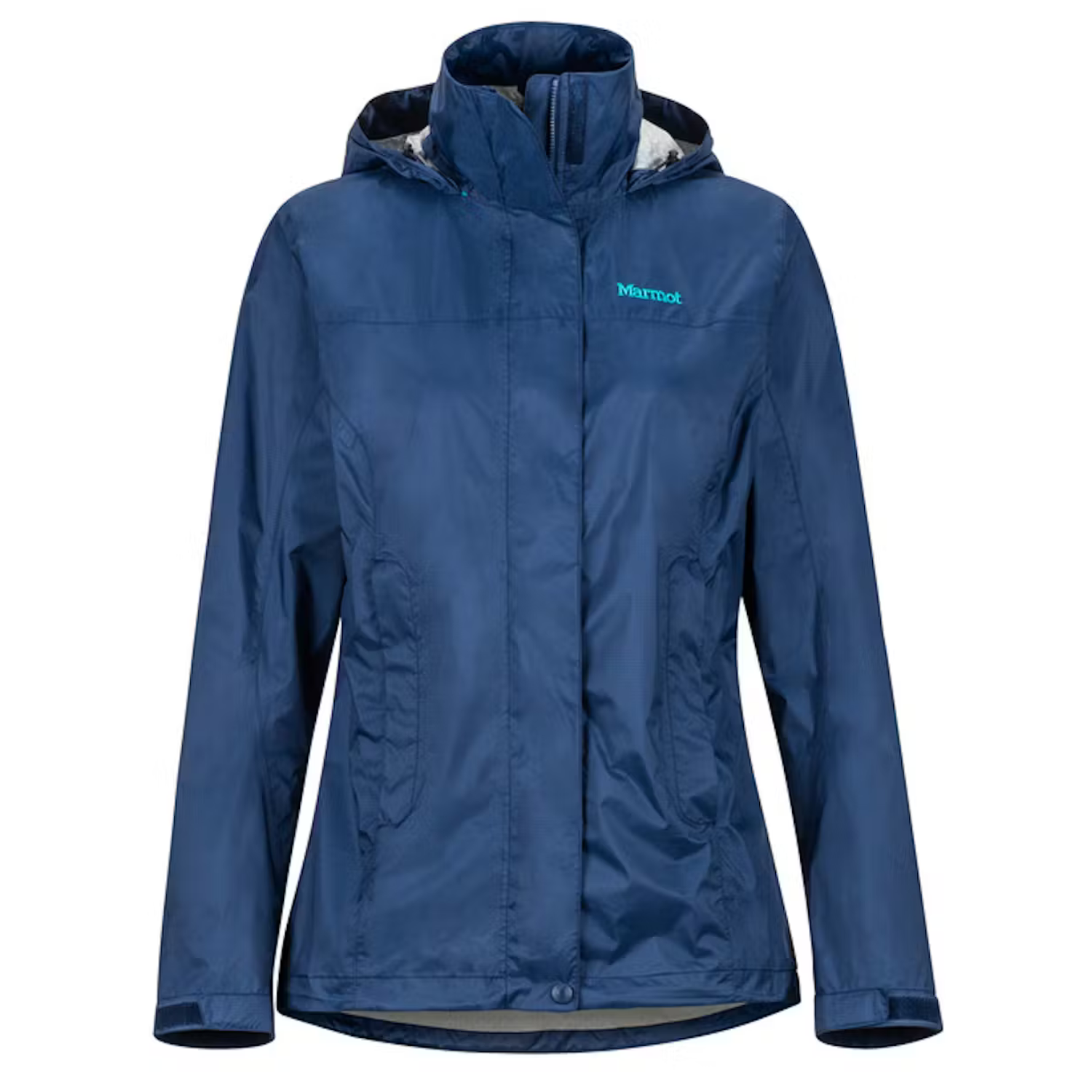 A blue Marmot PreCip Eco Jacket with a high collar, adjustable hood, and zipper closure, designed for waterproof and breathable protection.