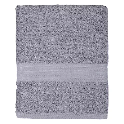 Gray bath towel with a textured strip near the end.