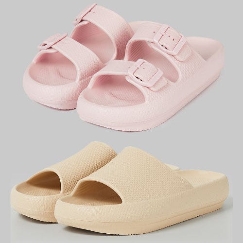 Two pairs of sandals: upper pair is pink with buckles, lower pair is beige slip-on style.