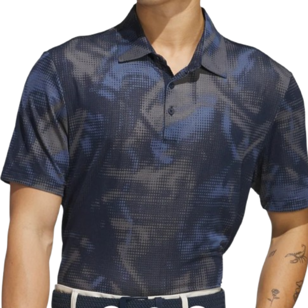 A blue and gray patterned polo shirt with a collared neckline, short sleeves, and button closure, paired with a dark belt.