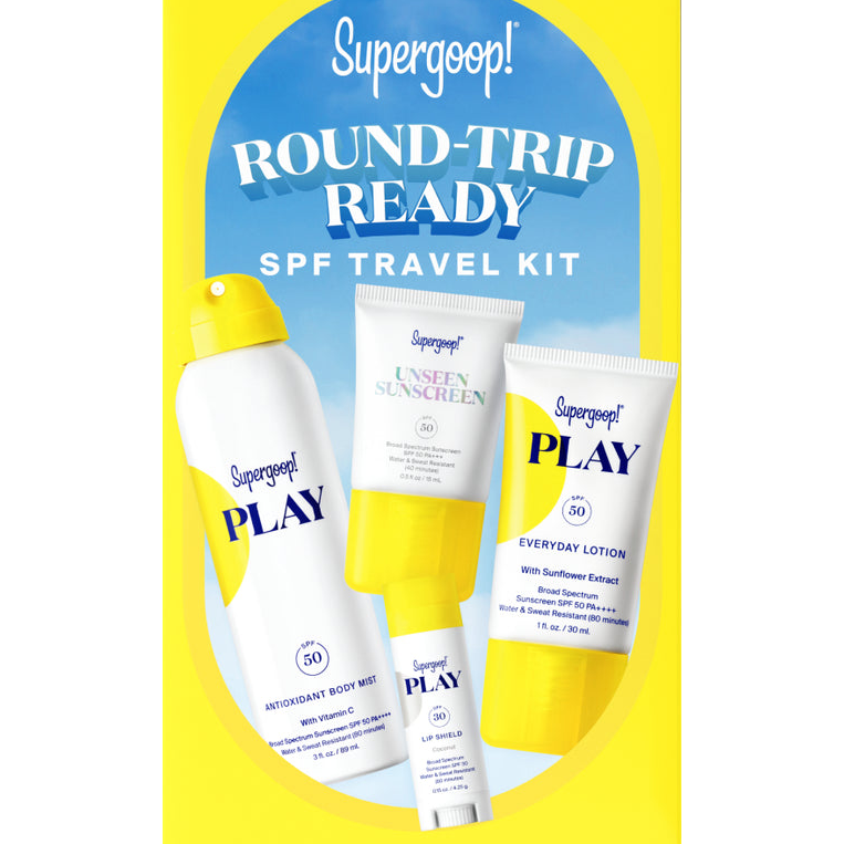 Supergoop! Round-Trip Ready SPF Travel Kit includes Play Antioxidant Body Mist SPF 50, Unseen Sunscreen SPF 50, Play Everyday Lotion SPF 50, and Lip Shield SPF 30.