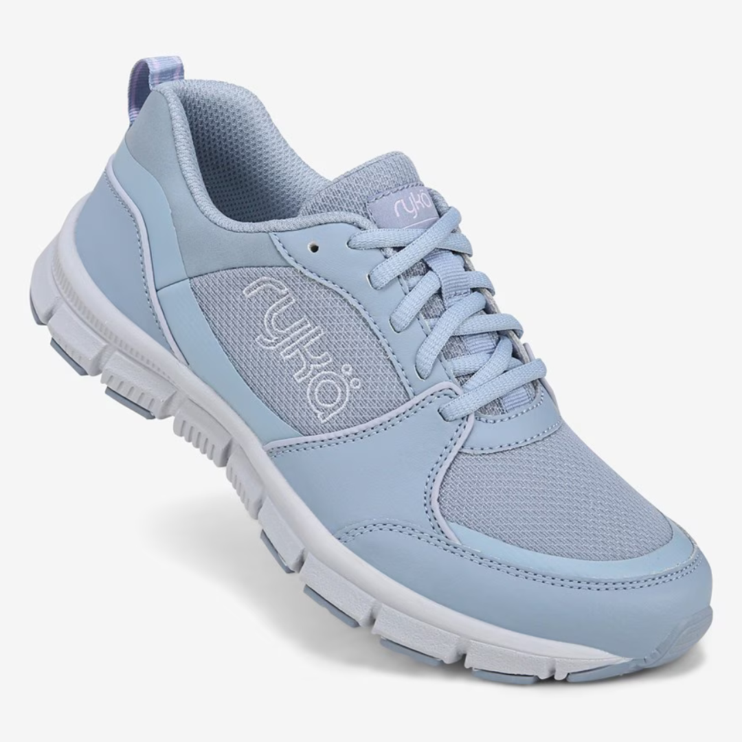 A light blue sports shoe with lace-up closure and a white sole.