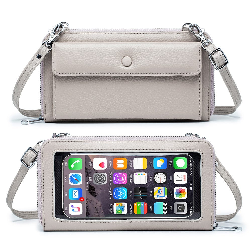 A beige leather crossbody bag with a detachable strap, featuring a front pocket with a snap button, and a transparent back pocket to use a smartphone without removing it.