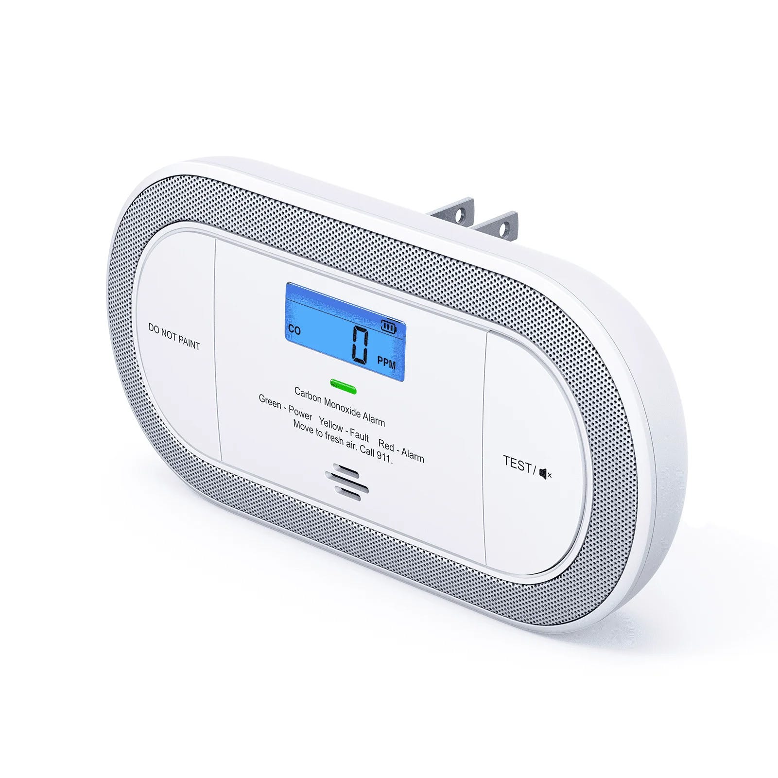 Carbon monoxide alarm with a digital display showing 0 PPM, a \“DO NOT PAINT\“ warning, and a \“TEST\“ button. It features indicator lights for power, fault, and alarm status.