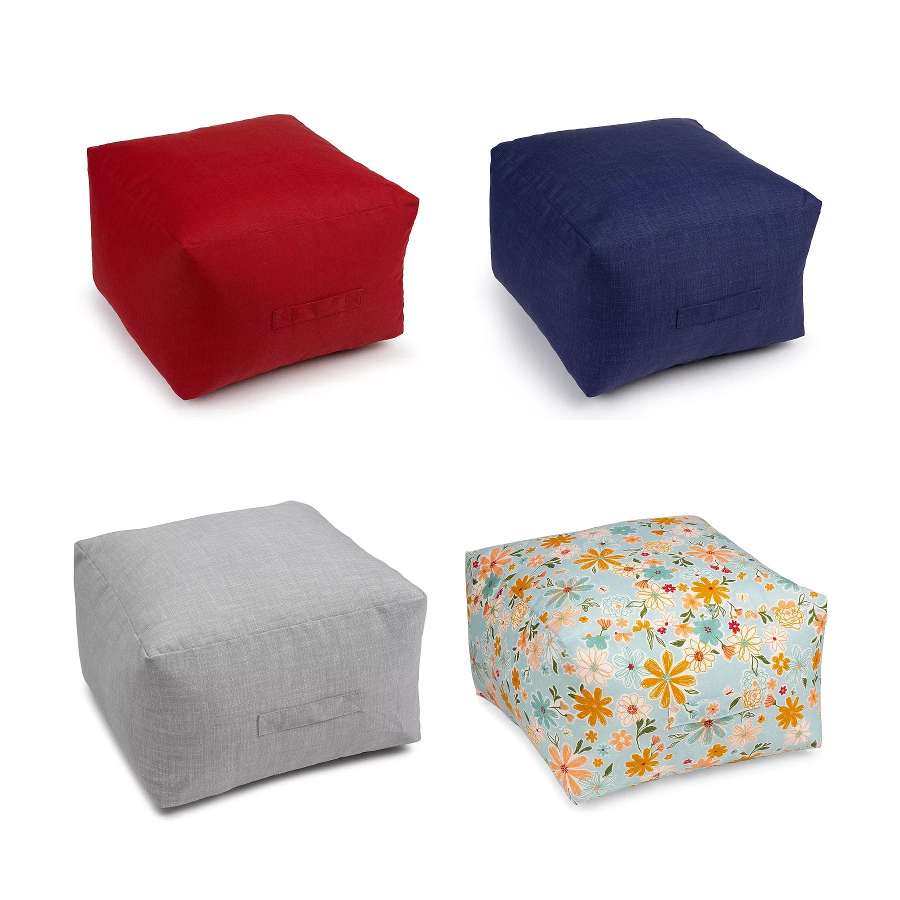 Four square ottomans in red, dark blue, gray, and a floral pattern.