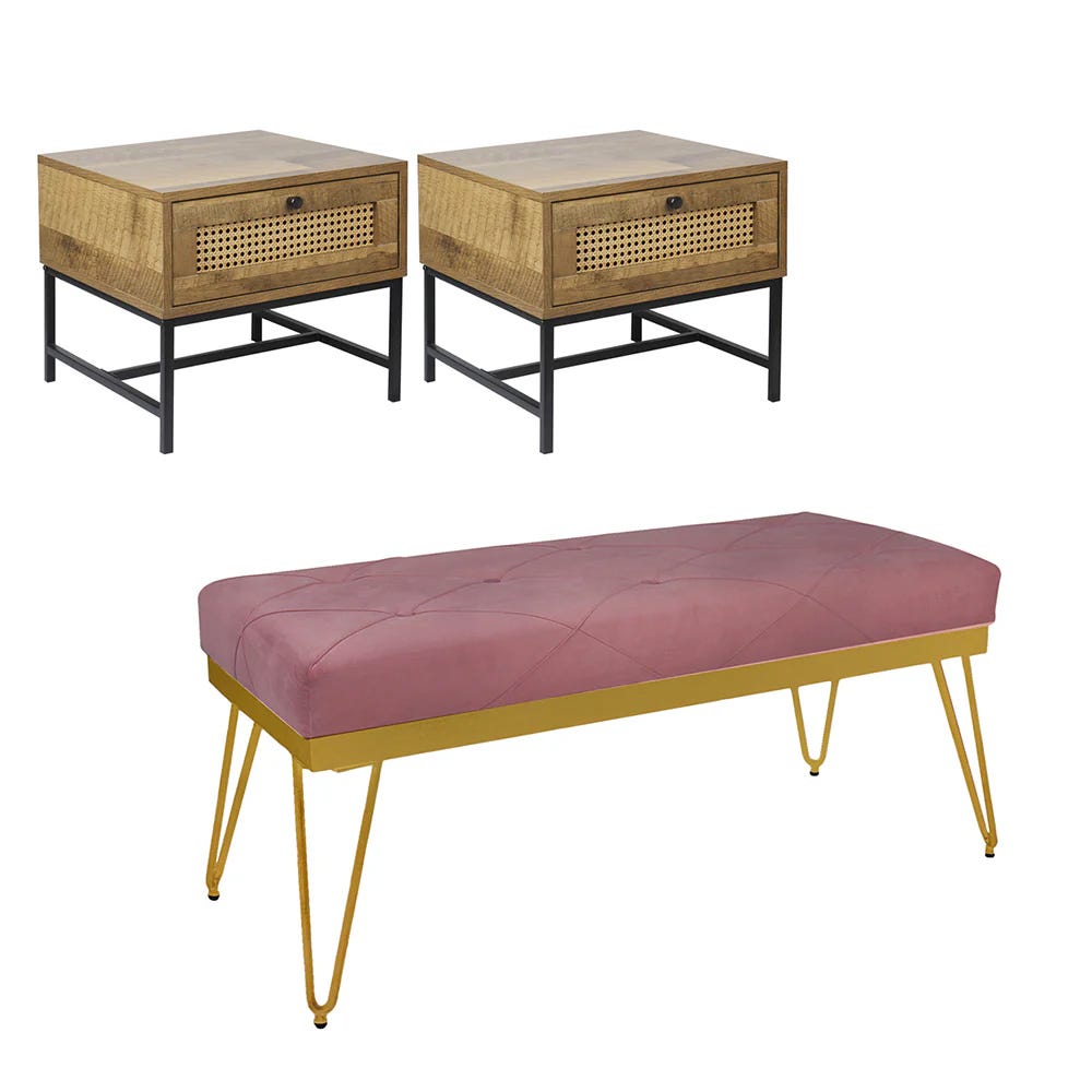Two wooden nightstands with black metal frames and rattan detailing, paired with a rectangular velvet bench in pink with diamond-patterned tufting and gold metal legs.
