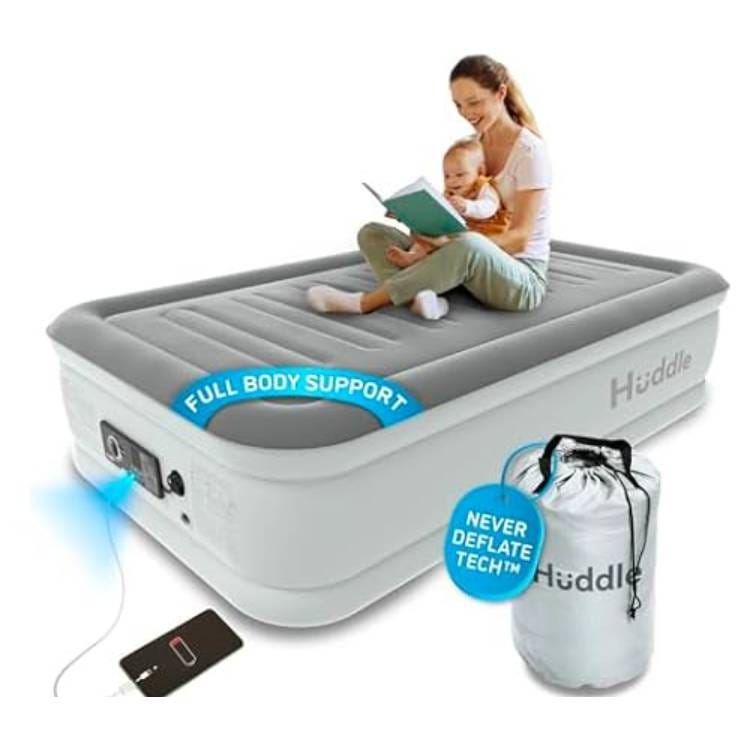 An inflatable air mattress with a built-in pump and a storage bag, alongside a woman and child sitting on it.