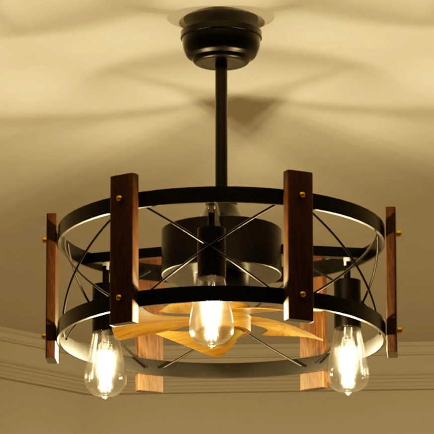Ceiling light fixture with a circular design, wooden accents, and three exposed bulbs.