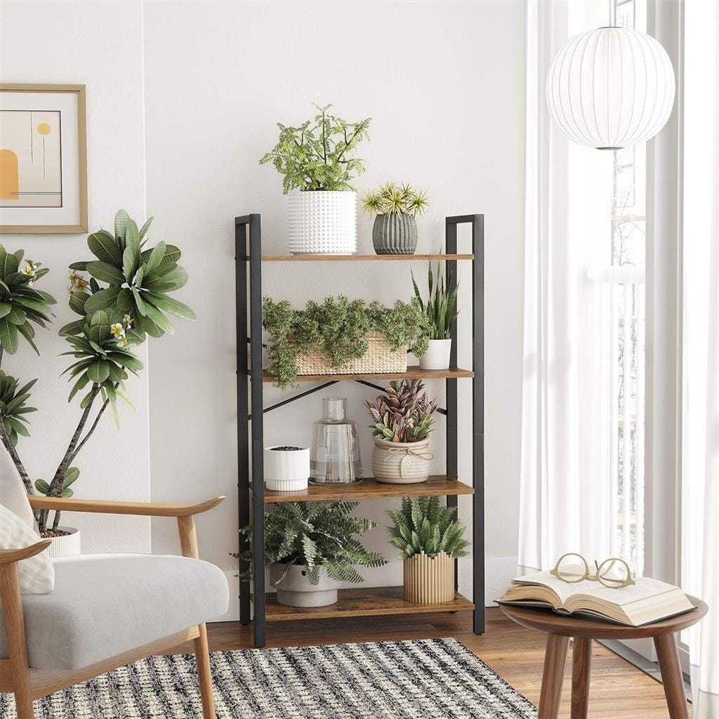A bookshelf with multiple shelves holding decorative plants in various pots and containers.