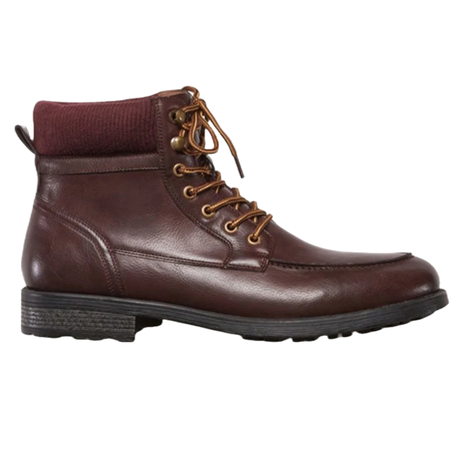 Flag & Anthem Eagan boots are made of dark brown leather with a knit collar, featuring lace-up closure and a stacked heel for durability and comfort.